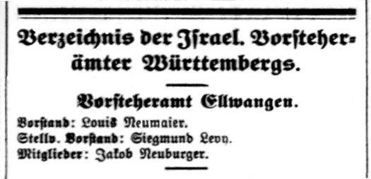 Verzeichnis der Isreal. Vorsteherämter Württembergs. Vorsteheramt Ellwangen. Vorstand: Louis Neumaier.